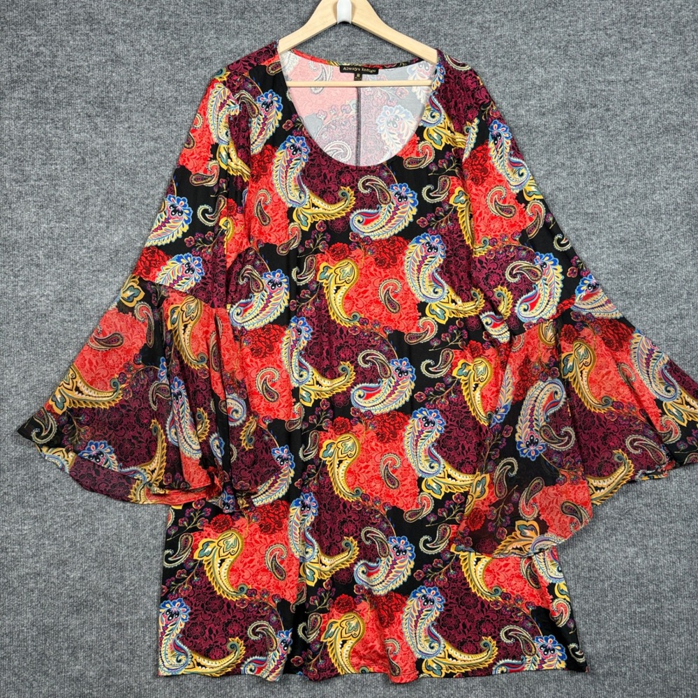 Always Indigo Plus Size 3X Tunic Top Orange Paisley Scoop Neck Bell Sleeves